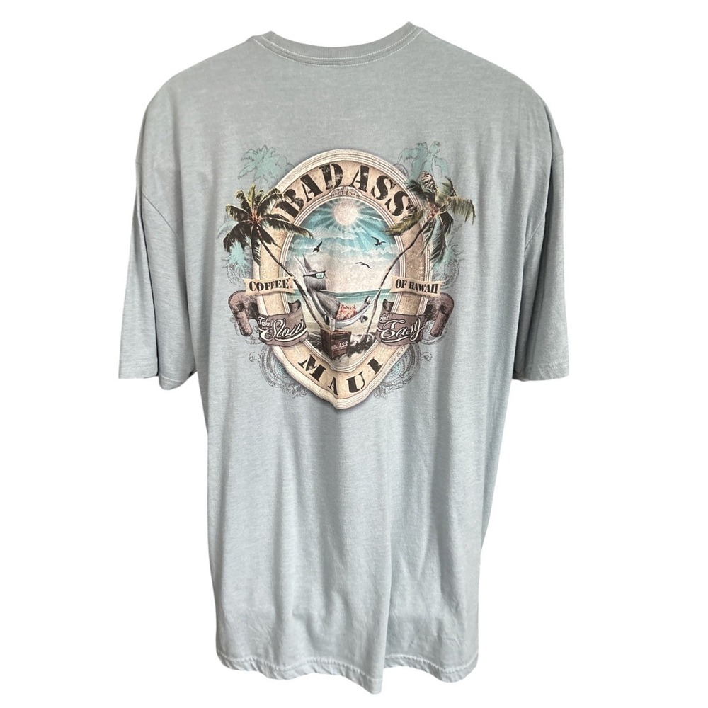 Bad Ass Coffee Maui Hawaii Light Blue T-Shirt, 2XL (runs small), Vacation Vibes